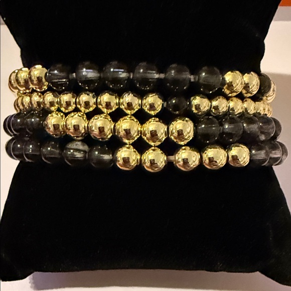 Allie Bess Gold, Black, Ink Beaded Stretch Bracelet Set of 4 - Picture 5 of 5